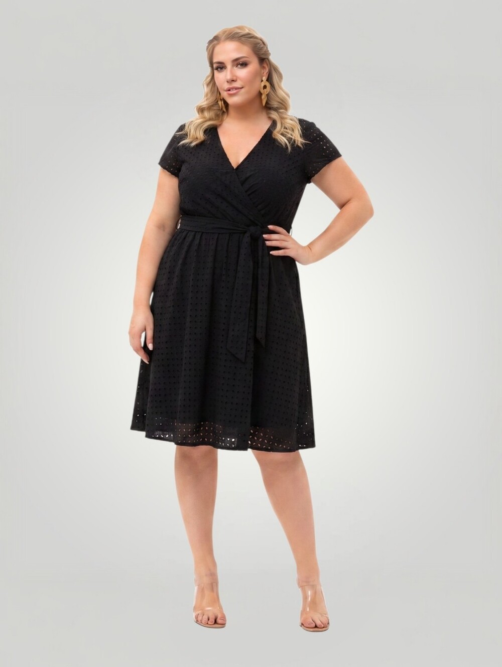 Brooks Brothers Womens Small Black Eyelet Faux Wrap Midi Dress Cap Sleeve Belted